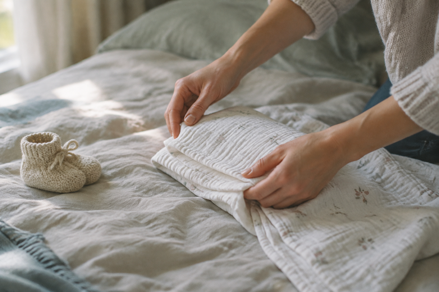 Hands folding a muslin swaddle on a bed in low, early-morning light
